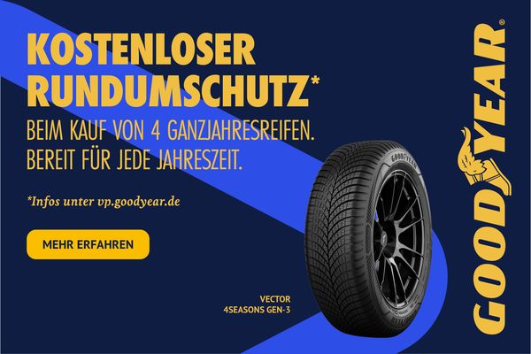 Hinweis auf eine Goodyear Aktion: "Kostenloser Rundumschutz beim Kauf 4 Ganzjahresreifen."
